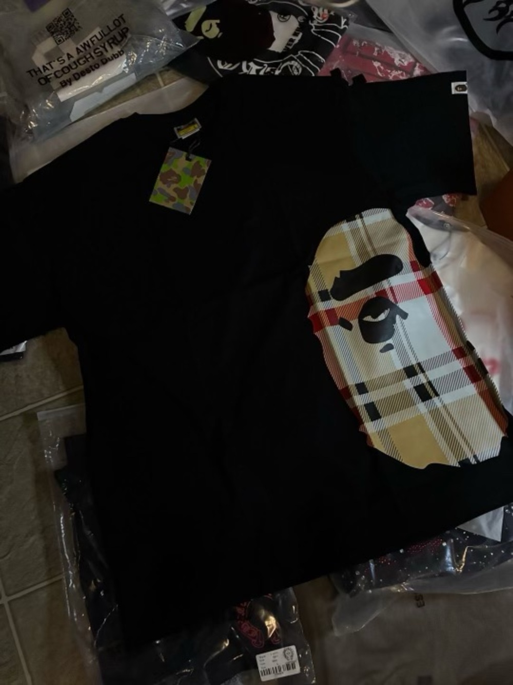 Bape Black Short-Sleeve Tee with Beige Plaid Ape Head